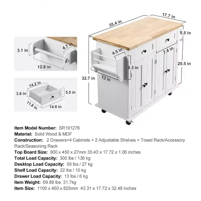 Carrello da cucina su rotelle con piano in legno massello, cassetto mobiletto, portaspezie e portasciugamani
