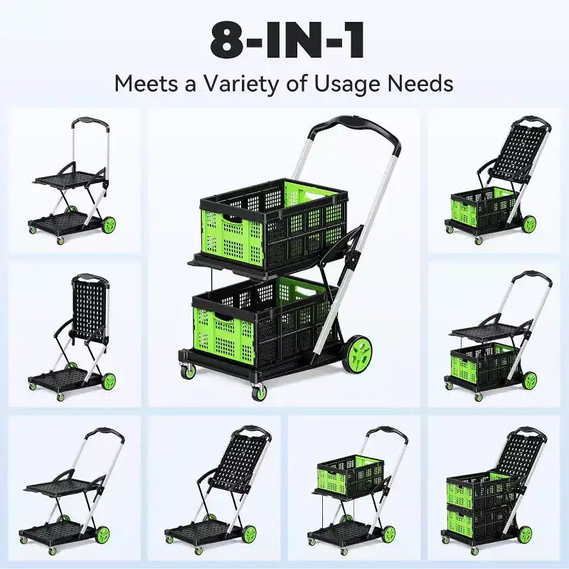 Carrello spesa pieghevole BSMTEK a doppio cesto con ruote, verde