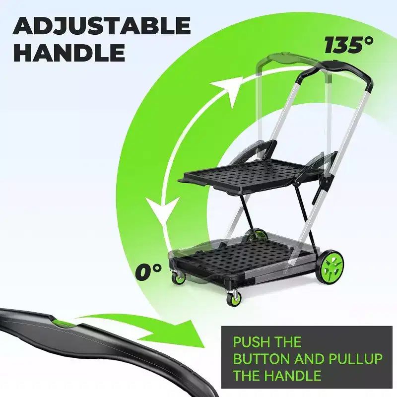 Carrello spesa pieghevole BSMTEK a doppio cesto con ruote, verde