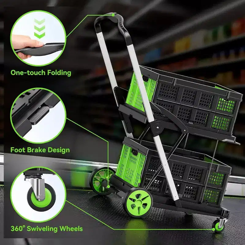 Carrello spesa pieghevole BSMTEK a doppio cesto con ruote, verde