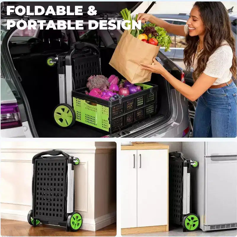 Carrello spesa pieghevole BSMTEK a doppio cesto con ruote, verde