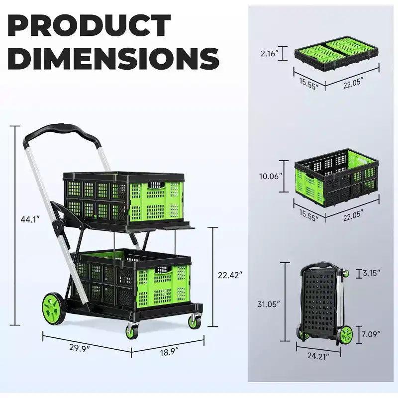 Carrello spesa pieghevole BSMTEK a doppio cesto con ruote, verde