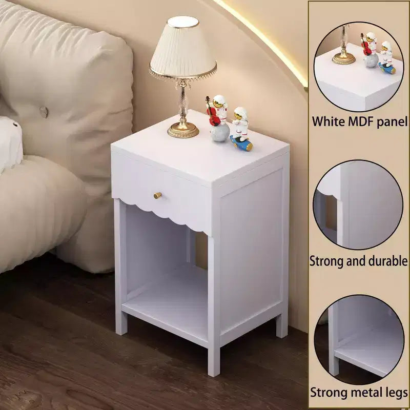 Comodino TUYOHW con bordo smerlato, cassetto e ripiano aperto, tavolino compatto, tavolino da letto per camera da letto, cameretta dei bambini