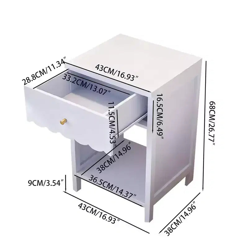 Comodino TUYOHW con bordo smerlato, cassetto e ripiano aperto, tavolino compatto, tavolino da letto per camera da letto, cameretta dei bambini