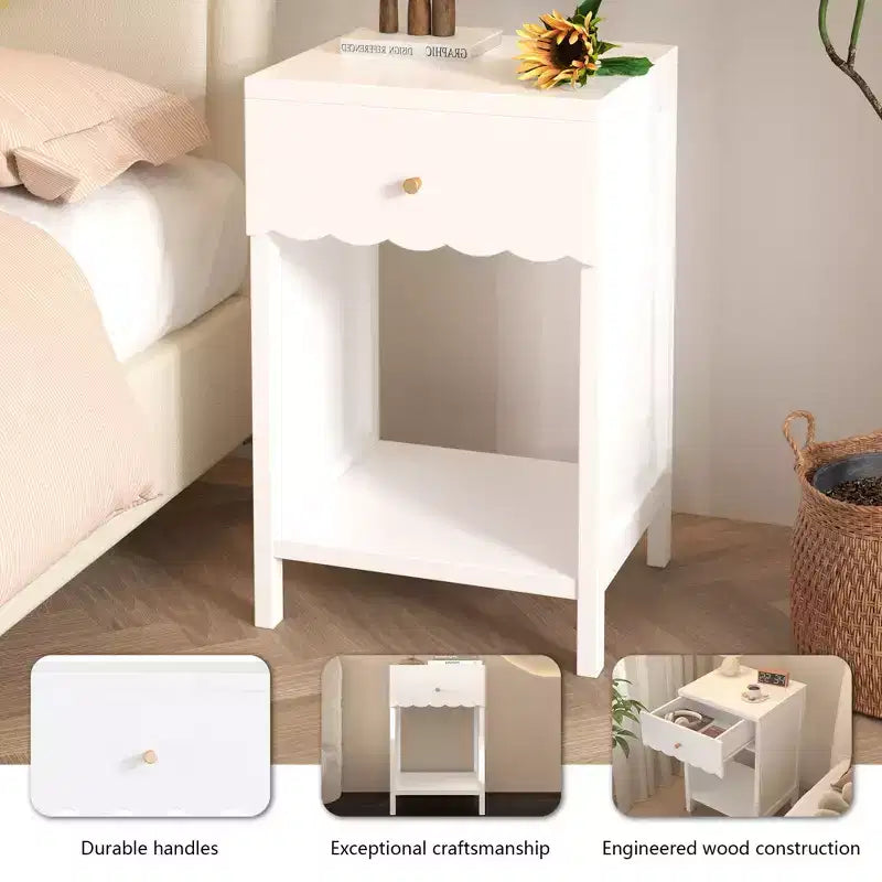 Comodino TUYOHW con bordo smerlato, cassetto e ripiano aperto, tavolino compatto, tavolino da letto per camera da letto, cameretta dei bambini