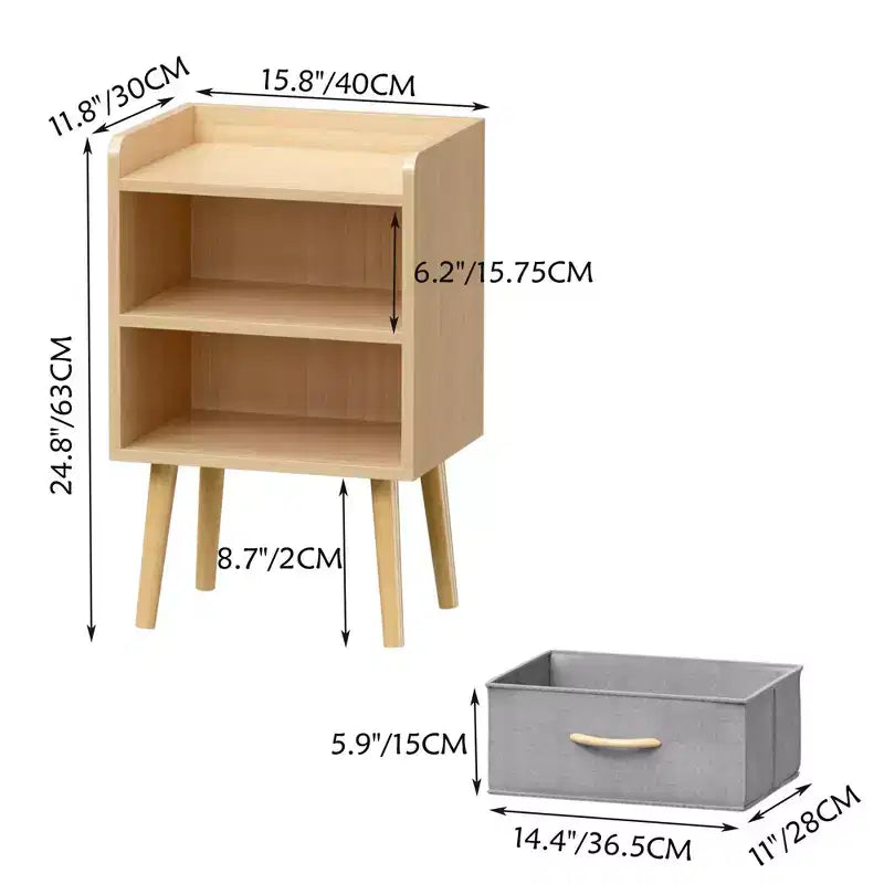 TUYOHW Comodino Moderno con Cassetto Pieghevole in Tessuto, Tavolino Contenitore con Ripiano Aperto, Tavolino Laterale in Legno per Bambini, Adulti, Camera da Letto, Soggiorno, Rovere