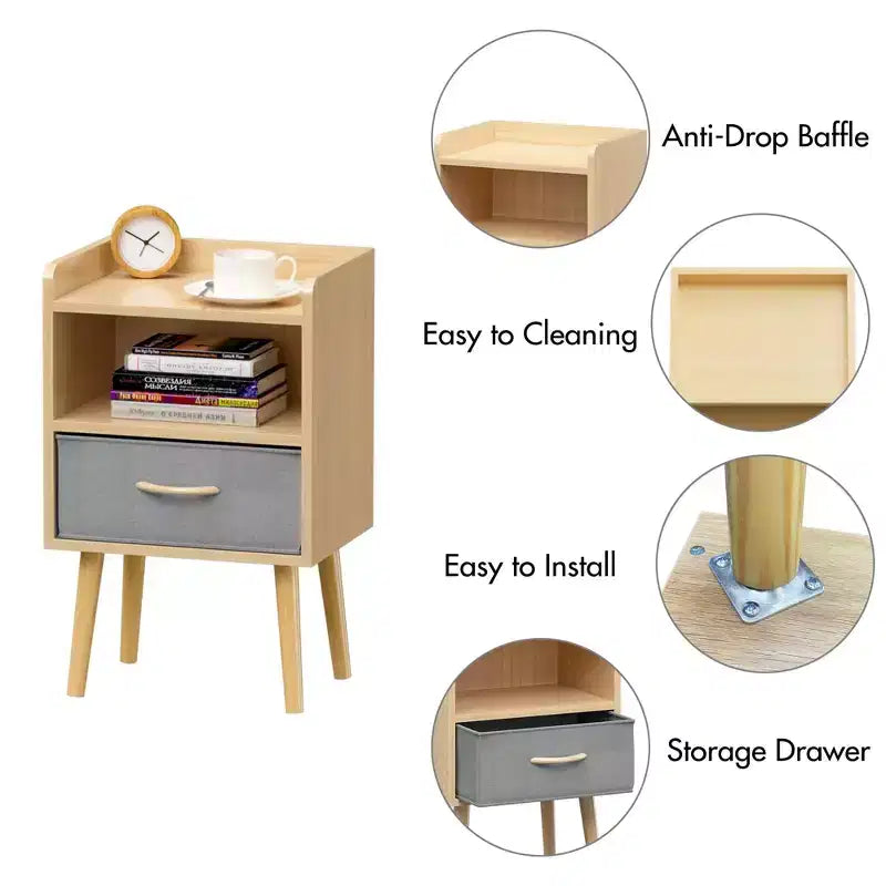 TUYOHW Comodino Moderno con Cassetto Pieghevole in Tessuto, Tavolino Contenitore con Ripiano Aperto, Tavolino Laterale in Legno per Bambini, Adulti, Camera da Letto, Soggiorno, Rovere