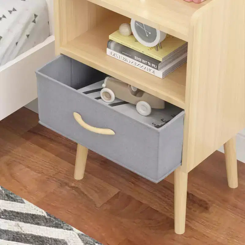 TUYOHW Comodino Moderno con Cassetto Pieghevole in Tessuto, Tavolino Contenitore con Ripiano Aperto, Tavolino Laterale in Legno per Bambini, Adulti, Camera da Letto, Soggiorno, Rovere