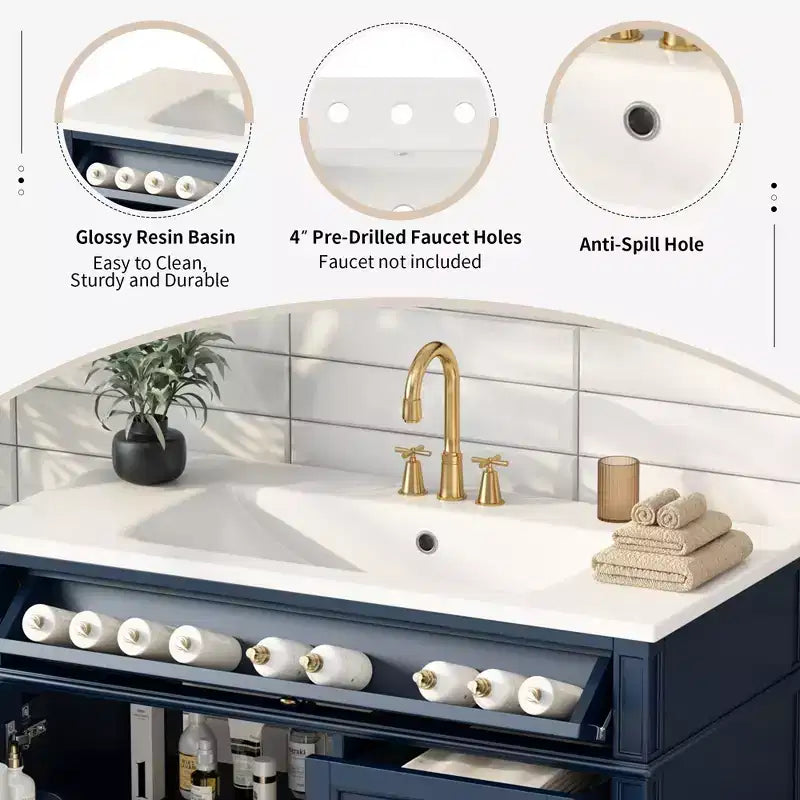 Mobile bagno da 90 cm con lavabo, Mobiletto bagno con cassetti, Mobile bagno singolo con lavabo