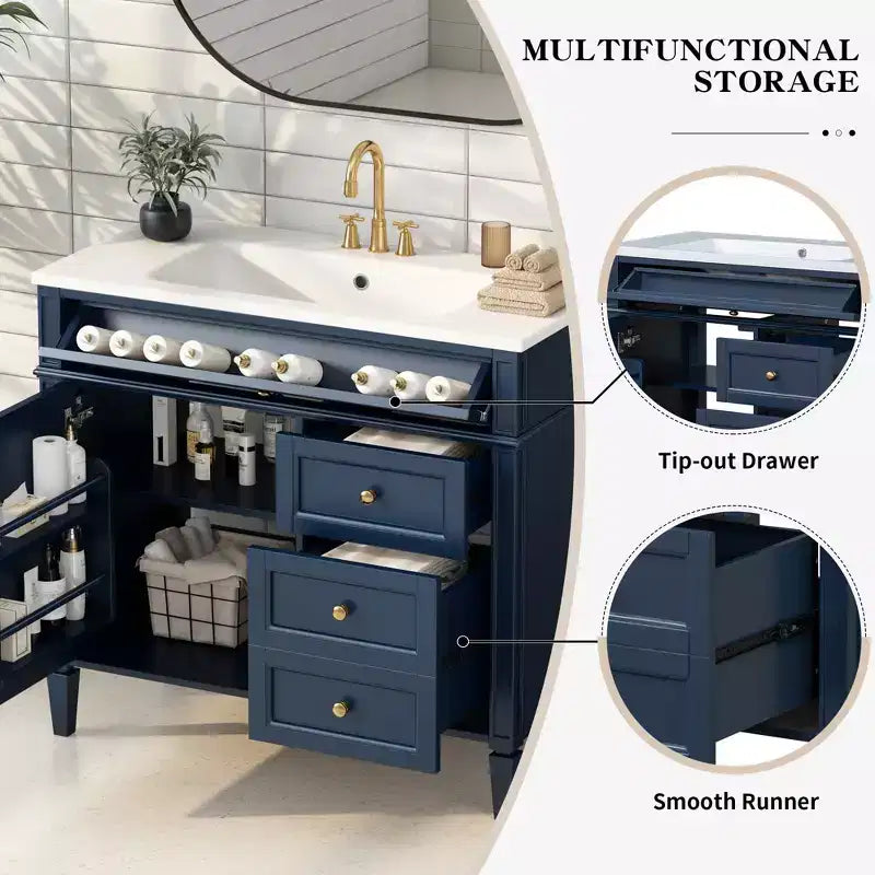 Mobile bagno da 90 cm con lavabo, Mobiletto bagno con cassetti, Mobile bagno singolo con lavabo