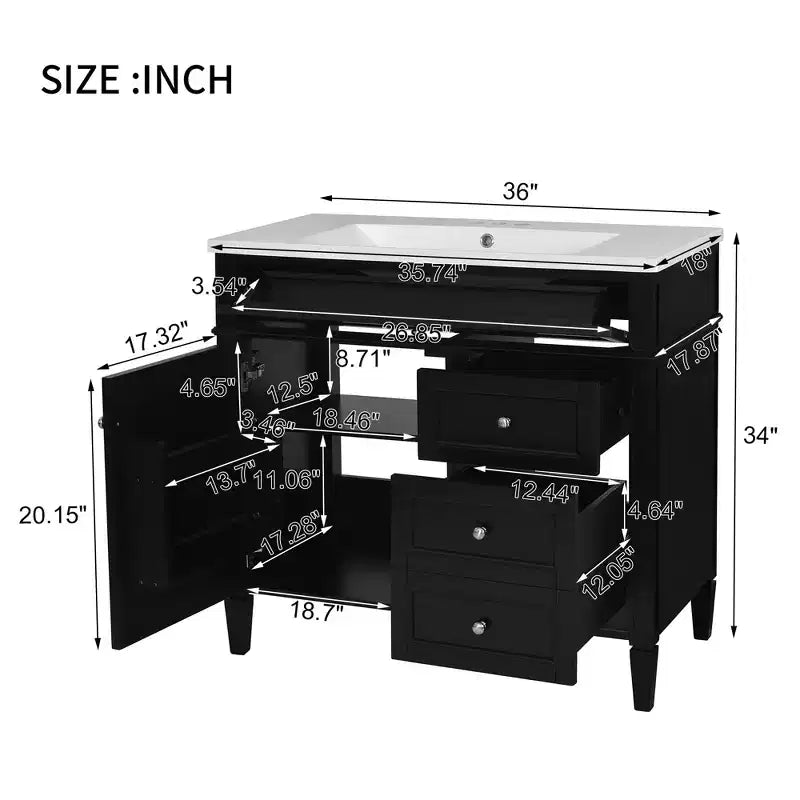 Mobile bagno da 90 cm con lavabo, Mobiletto bagno con cassetti, Mobile bagno singolo con lavabo
