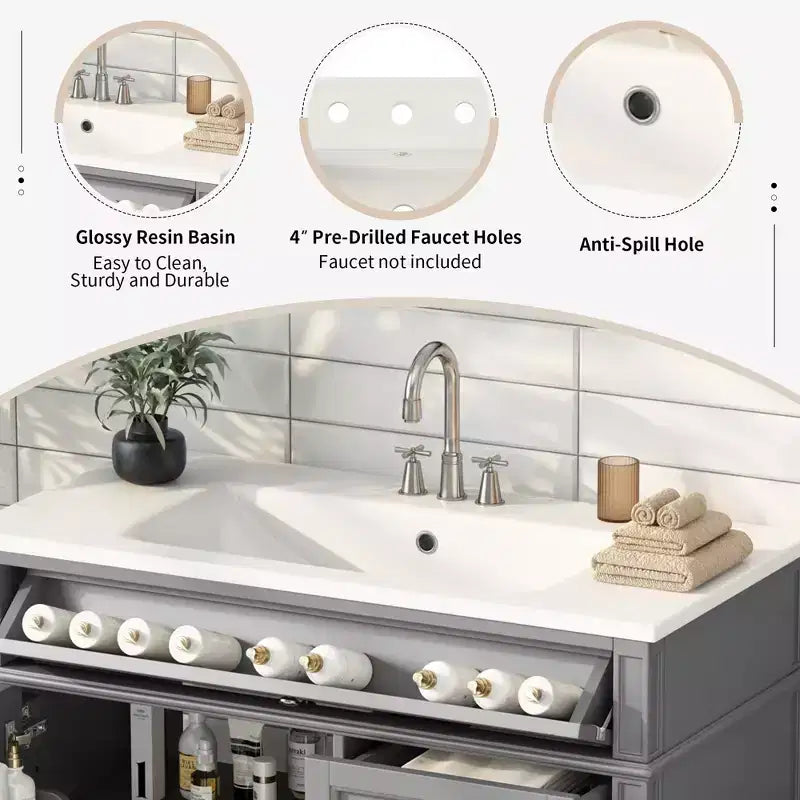Mobile bagno da 90 cm con lavabo, Mobiletto bagno con cassetti, Mobile bagno singolo con lavabo