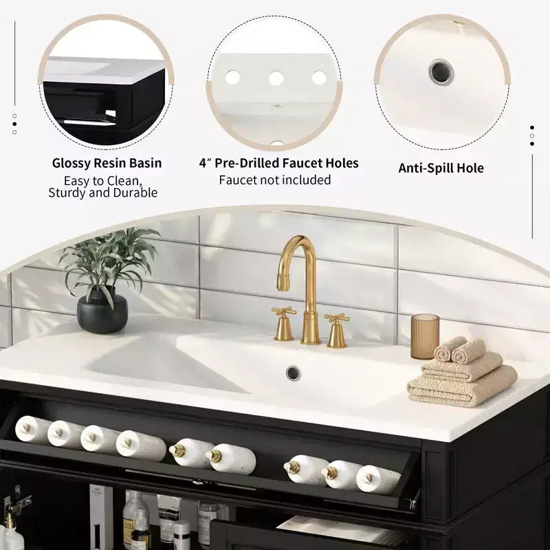 Mobile bagno da 90 cm con lavabo, Mobiletto bagno con cassetti, Mobile bagno singolo con lavabo