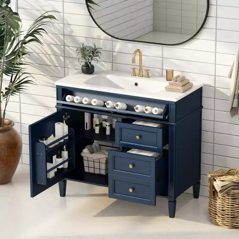 Mobile bagno da 90 cm con lavabo, Mobiletto bagno con cassetti, Mobile bagno singolo con lavabo