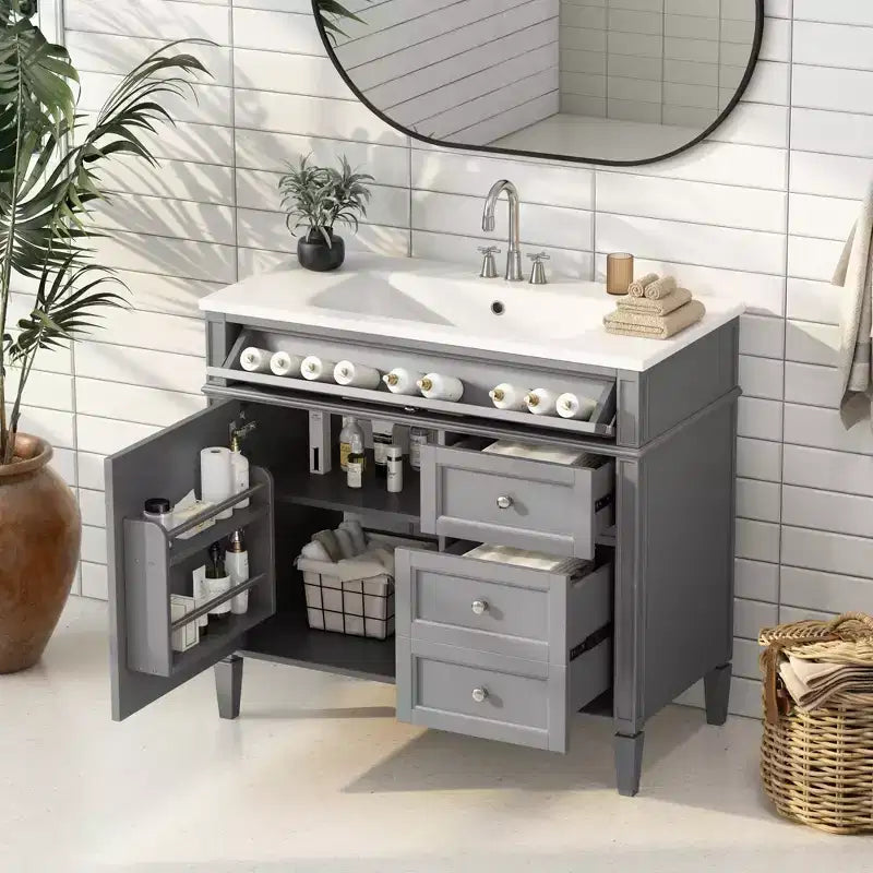 Mobile bagno da 90 cm con lavabo, Mobiletto bagno con cassetti, Mobile bagno singolo con lavabo