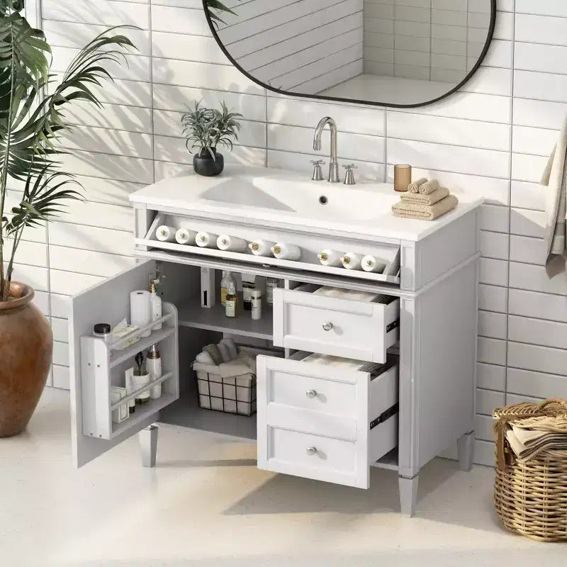 Mobile bagno da 90 cm con lavabo, Mobiletto bagno con cassetti, Mobile bagno singolo con lavabo