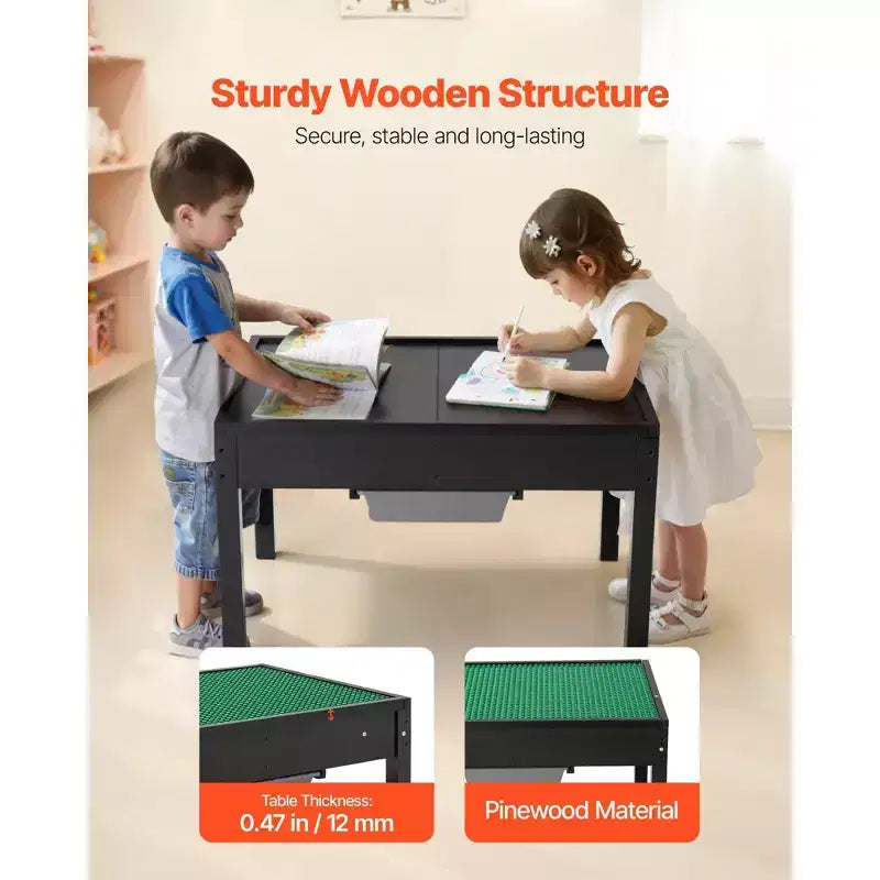 Tavolo attività in legno per bambini con piano reversibile e contenitori per la fascia d'età 3+