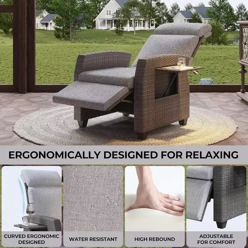 COZONY Sedia Reclinabile da Patio, Schienale e Poggiapiedi Regolabili in Rattan PE Resistente alle Intemperie con Tavolino a Scomparsa e Pompa ad Aria