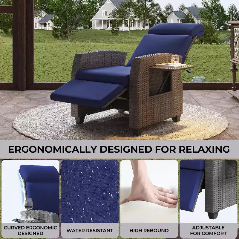 COZONY Sedia Reclinabile da Patio, Schienale e Poggiapiedi Regolabili in Rattan PE Resistente alle Intemperie con Tavolino a Scomparsa e Pompa ad Aria