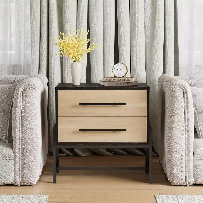 Comodino Acekool Rustico Marrone Scuro & Legno, Comodino a 2 Cassetti con Gambe in Metallo per Camera da Letto e Soggiorno
