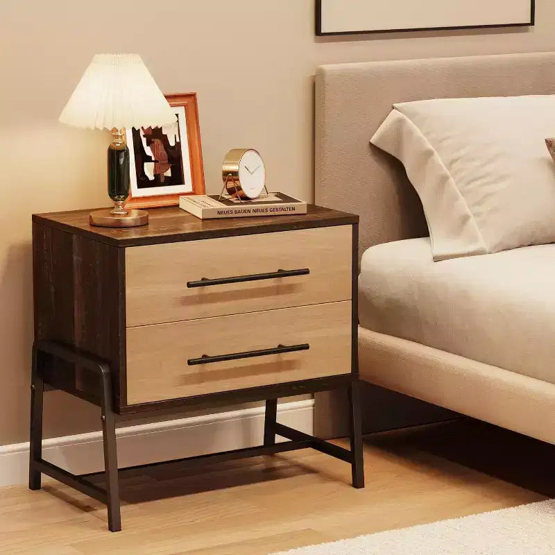 Comodino Acekool Rustico Marrone Scuro & Legno, Comodino a 2 Cassetti con Gambe in Metallo per Camera da Letto e Soggiorno