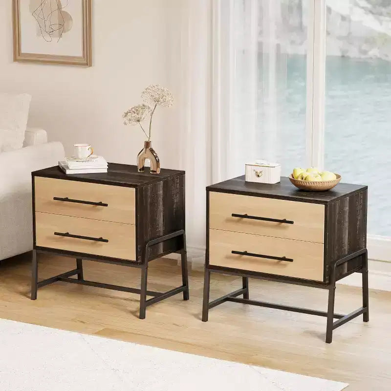 Comodino Acekool Rustico Marrone Scuro & Legno, Comodino a 2 Cassetti con Gambe in Metallo per Camera da Letto e Soggiorno