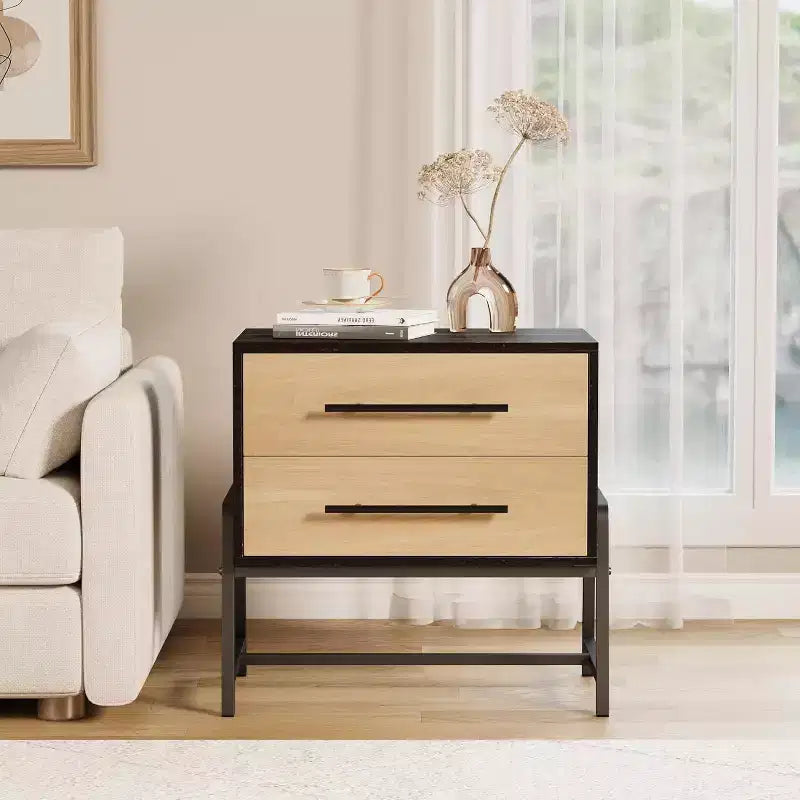 Comodino Acekool Rustico Marrone Scuro & Legno, Comodino a 2 Cassetti con Gambe in Metallo per Camera da Letto e Soggiorno