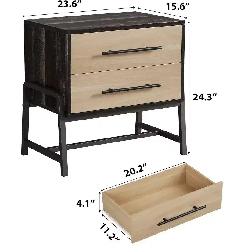 Comodino Acekool Rustico Marrone Scuro & Legno, Comodino a 2 Cassetti con Gambe in Metallo per Camera da Letto e Soggiorno