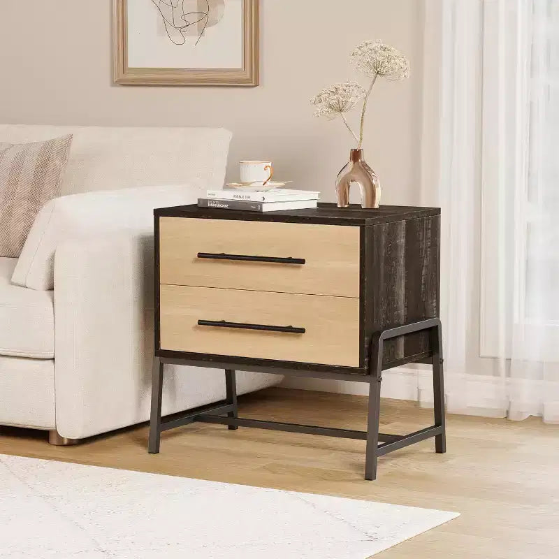 Comodino Acekool Rustico Marrone Scuro & Legno, Comodino a 2 Cassetti con Gambe in Metallo per Camera da Letto e Soggiorno
