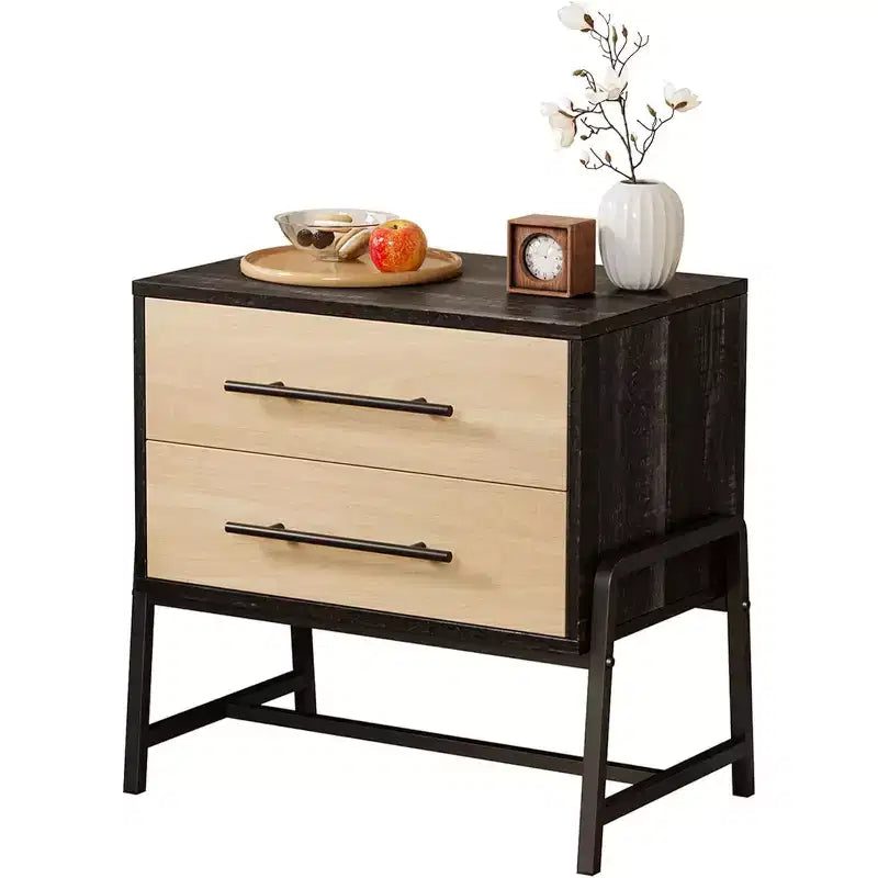 Comodino Acekool Rustico Marrone Scuro & Legno, Comodino a 2 Cassetti con Gambe in Metallo per Camera da Letto e Soggiorno