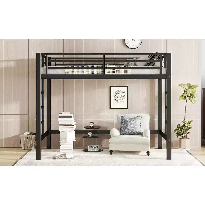 Bellemave Letto a soppalco in metallo matrimoniale/queen size con scala facile da salire e ringhiere, nero