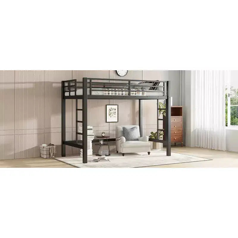 Bellemave Letto a soppalco in metallo matrimoniale/queen size con scala facile da salire e ringhiere, nero