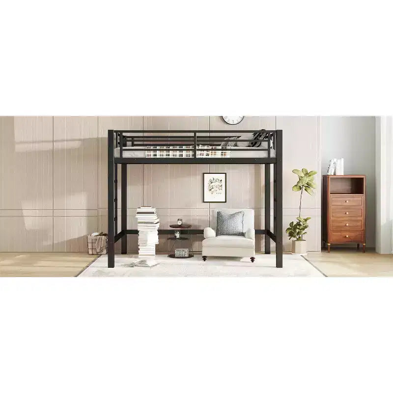 Bellemave Letto a soppalco in metallo matrimoniale/queen size con scala facile da salire e ringhiere, nero