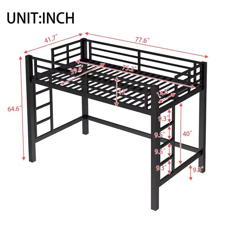 Bellemave Letto a soppalco in metallo matrimoniale/queen size con scala facile da salire e ringhiere, nero