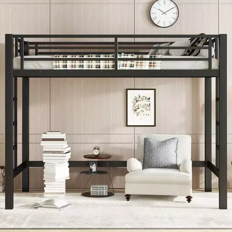 Bellemave Letto a soppalco in metallo matrimoniale/queen size con scala facile da salire e ringhiere, nero