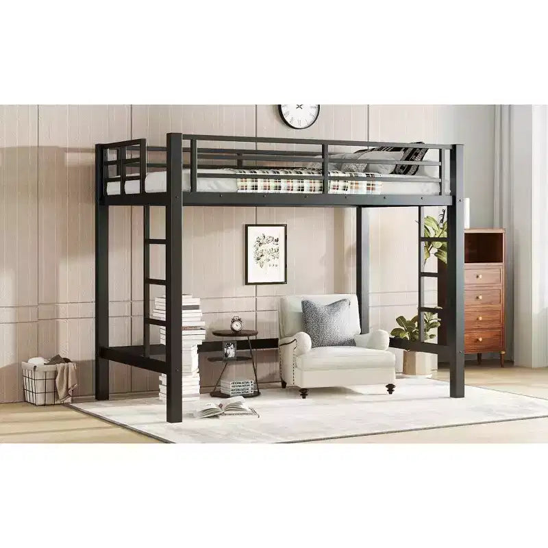 Bellemave Letto a soppalco in metallo matrimoniale/queen size con scala facile da salire e ringhiere, nero