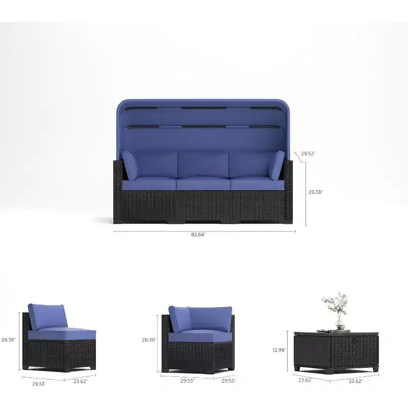 COZONY Set Daybed da Esterno 6 Pezzi, Lettini Chaise Longue con Baldacchino Retrattile e Schienale Regolabile per Giardino, Bordo Piscina, Cortile