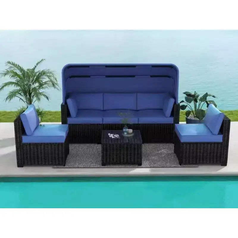 COZONY Set Daybed da Esterno 6 Pezzi, Lettini Chaise Longue con Baldacchino Retrattile e Schienale Regolabile per Giardino, Bordo Piscina, Cortile