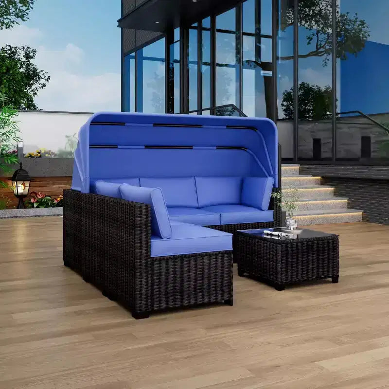 COZONY Set Daybed da Esterno 6 Pezzi, Lettini Chaise Longue con Baldacchino Retrattile e Schienale Regolabile per Giardino, Bordo Piscina, Cortile