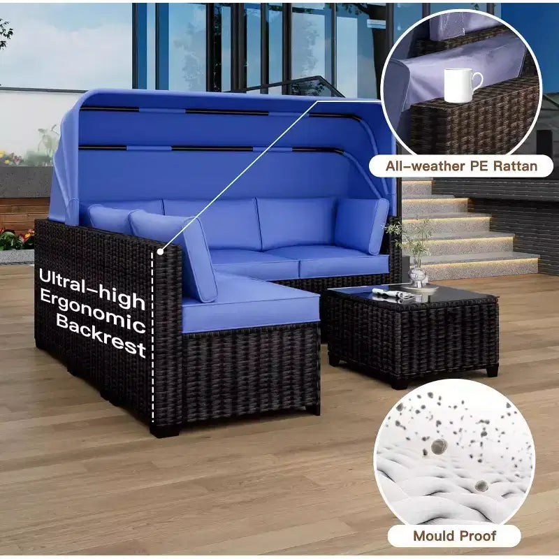 COZONY Set Daybed da Esterno 6 Pezzi, Lettini Chaise Longue con Baldacchino Retrattile e Schienale Regolabile per Giardino, Bordo Piscina, Cortile