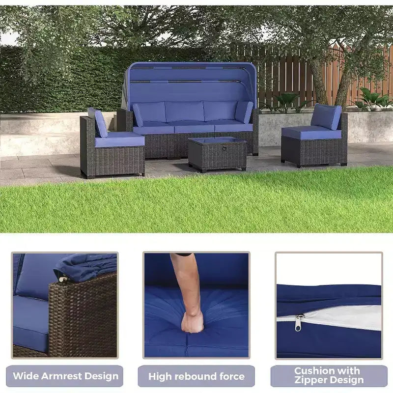 COZONY Set Daybed da Esterno 6 Pezzi, Lettini Chaise Longue con Baldacchino Retrattile e Schienale Regolabile per Giardino, Bordo Piscina, Cortile