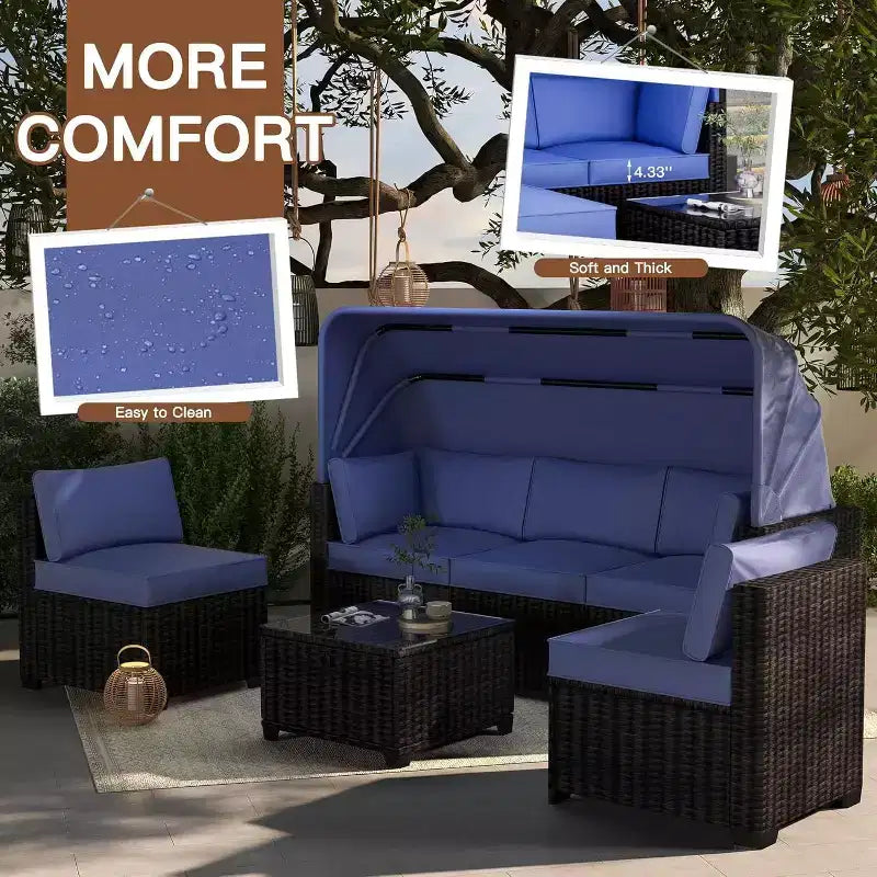 COZONY Set Daybed da Esterno 6 Pezzi, Lettini Chaise Longue con Baldacchino Retrattile e Schienale Regolabile per Giardino, Bordo Piscina, Cortile