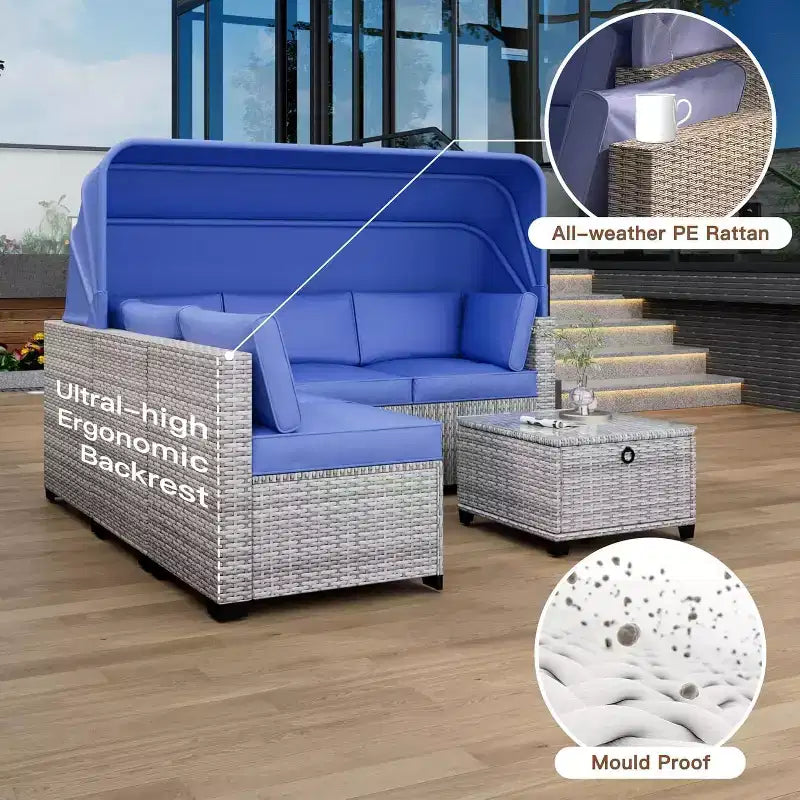COZONY Set Daybed da Esterno 6 Pezzi, Lettini Chaise Longue con Baldacchino Retrattile e Schienale Regolabile per Giardino, Bordo Piscina, Cortile