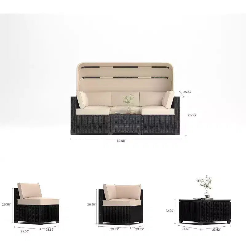 COZONY Set Daybed da Esterno 6 Pezzi, Lettini Chaise Longue con Baldacchino Retrattile e Schienale Regolabile per Giardino, Bordo Piscina, Cortile