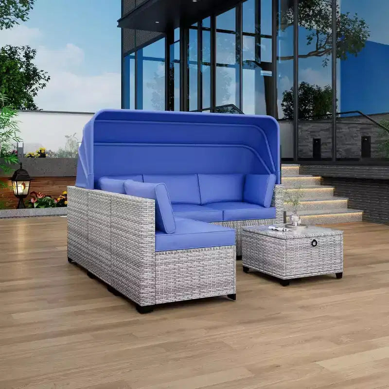 COZONY Set Daybed da Esterno 6 Pezzi, Lettini Chaise Longue con Baldacchino Retrattile e Schienale Regolabile per Giardino, Bordo Piscina, Cortile