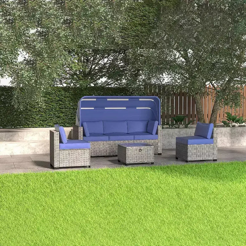 COZONY Set Daybed da Esterno 6 Pezzi, Lettini Chaise Longue con Baldacchino Retrattile e Schienale Regolabile per Giardino, Bordo Piscina, Cortile