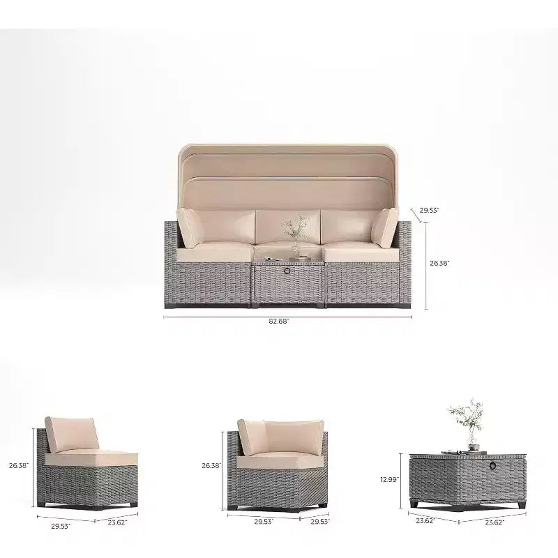 COZONY Set Daybed da Esterno 6 Pezzi, Lettini Chaise Longue con Baldacchino Retrattile e Schienale Regolabile per Giardino, Bordo Piscina, Cortile
