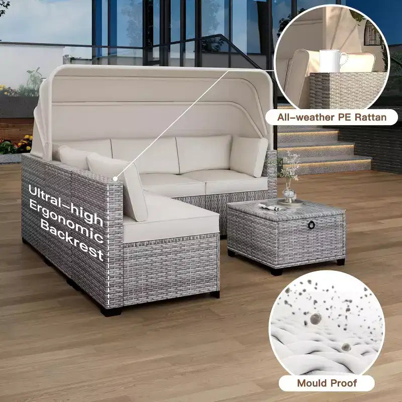 COZONY Set Daybed da Esterno 6 Pezzi, Lettini Chaise Longue con Baldacchino Retrattile e Schienale Regolabile per Giardino, Bordo Piscina, Cortile