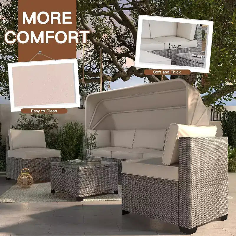 COZONY Set Daybed da Esterno 6 Pezzi, Lettini Chaise Longue con Baldacchino Retrattile e Schienale Regolabile per Giardino, Bordo Piscina, Cortile