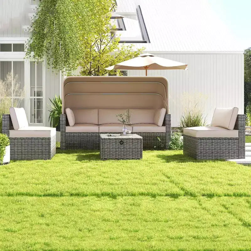 COZONY Set Daybed da Esterno 6 Pezzi, Lettini Chaise Longue con Baldacchino Retrattile e Schienale Regolabile per Giardino, Bordo Piscina, Cortile